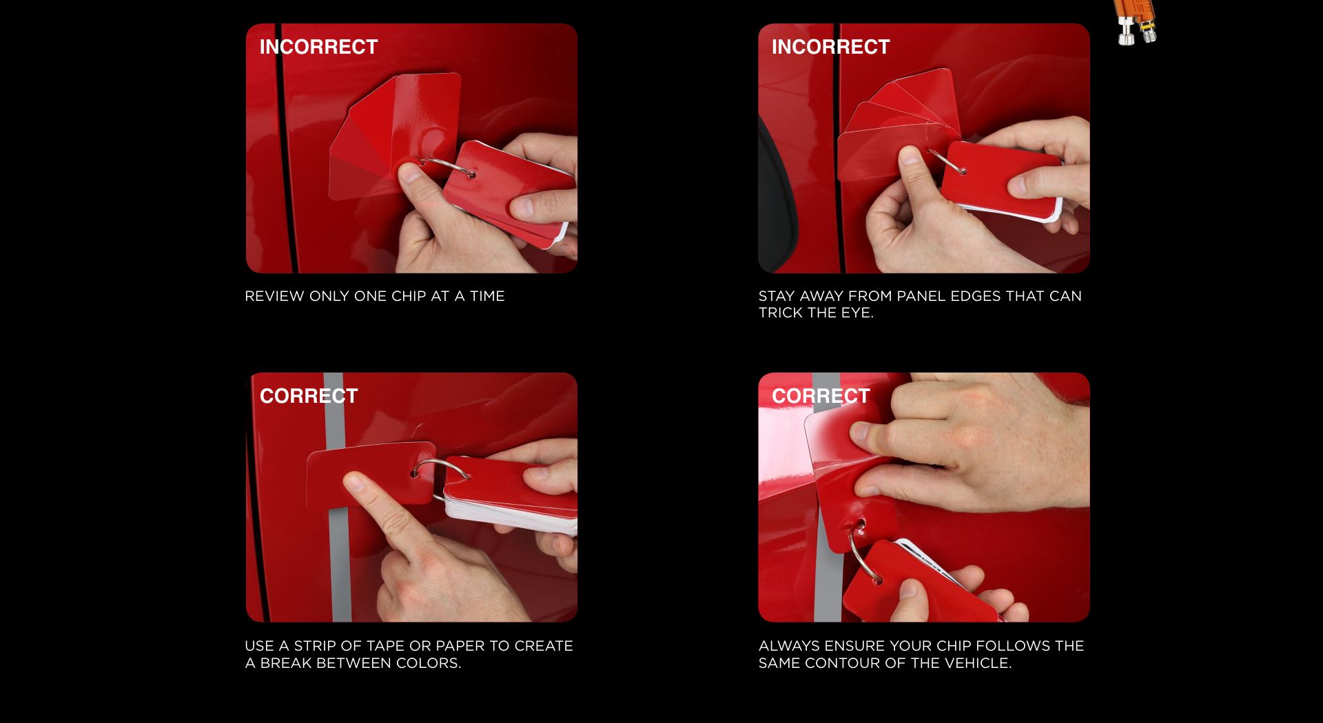 Four photographs showing incorrect and correct ways to hold a color chip against a vehicle